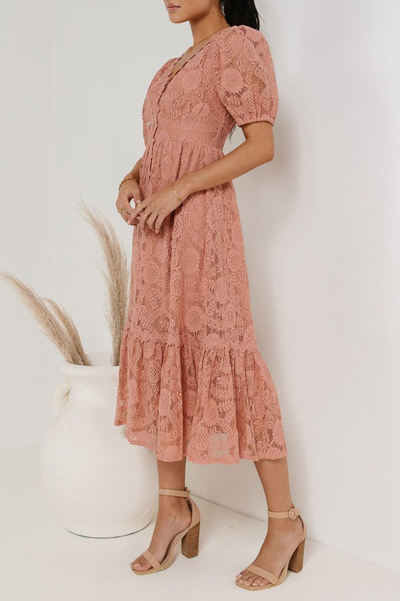 Casual Daily Solid Color Lace Buttons V Neck A Line Dresses(4 Colors) - Fashionpara