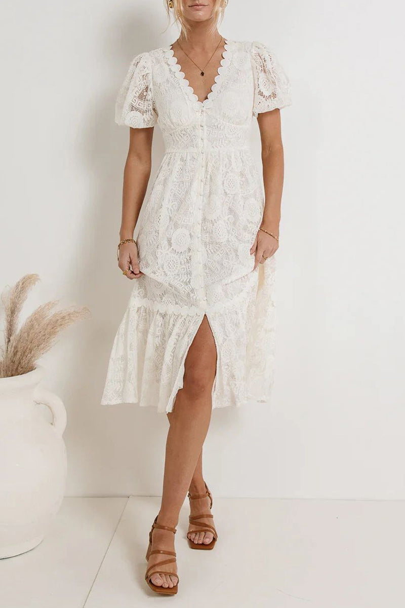 Casual Daily Solid Color Lace Buttons V Neck A Line Dresses(4 Colors) - Fashionpara