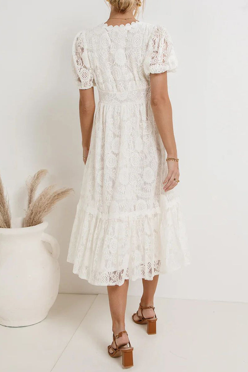 Casual Daily Solid Color Lace Buttons V Neck A Line Dresses(4 Colors) - Fashionpara