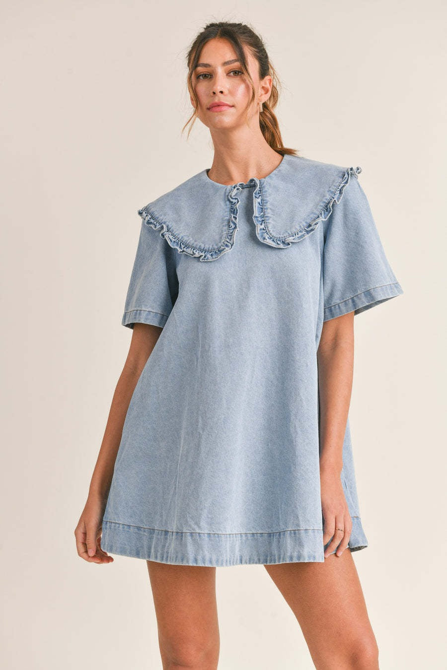 Ruffled Collar Denim Dress - View 8 | VelvetHem