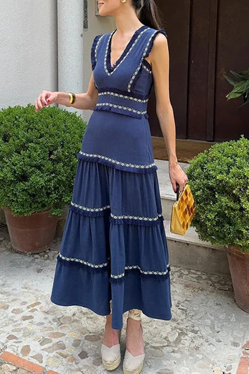 Linda Boutique Solid Color Sleeveless Patchwork Dresses with Fringe Trim and V Neck Dress Collection