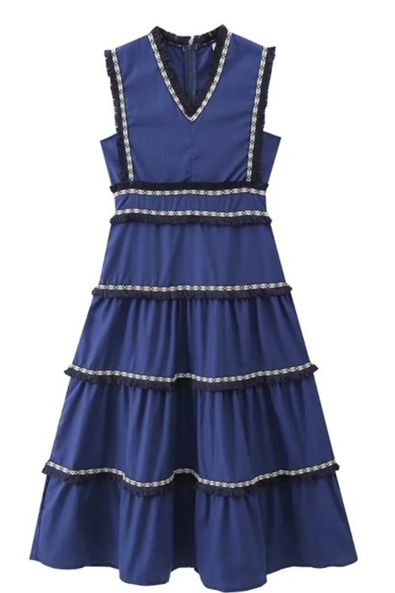 Linda Boutique Solid Color Sleeveless Patchwork Dresses with Fringe Trim and V Neck Dress Collection