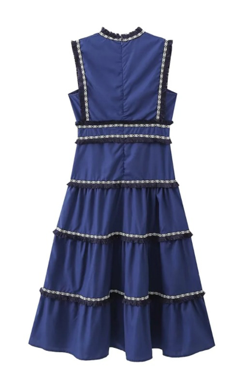 Linda Boutique Solid Color Sleeveless Patchwork Dresses with Fringe Trim and V Neck Dress Collection