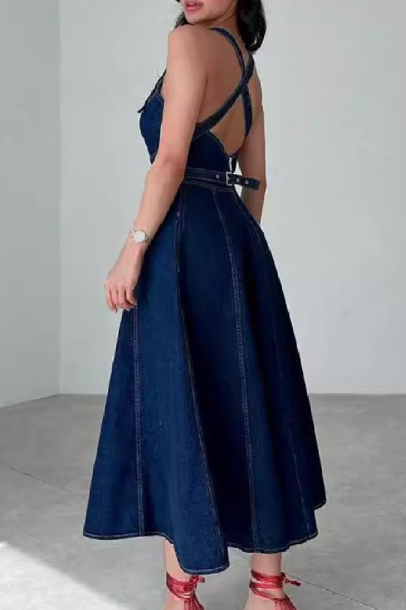 Mila Premium Casual Solid Color Sleeveless Scoop Neck Bodycon Denim Dresses Designer Dress Edit