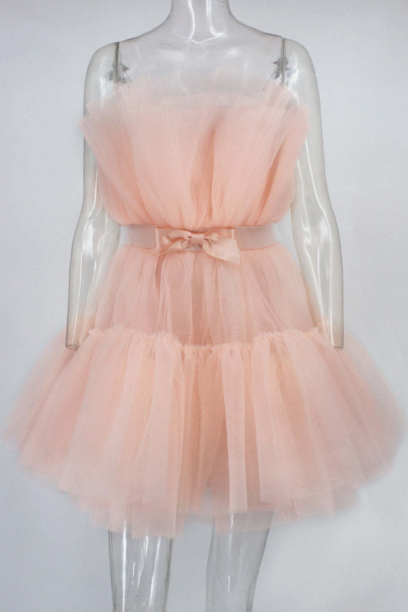 Sexy Prom Solid Color Mesh Bow Decor Strapless Evening Dresses(4 Colors) - Fashionpara