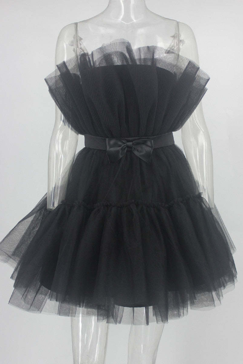 Sexy Prom Solid Color Mesh Bow Decor Strapless Evening Dresses(4 Colors) - Fashionpara