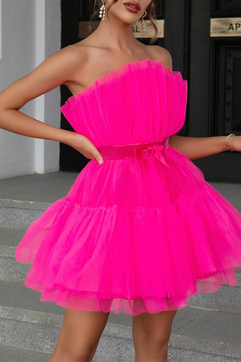 Sexy Prom Solid Color Mesh Bow Decor Strapless Evening Dresses(4 Colors) - Fashionpara