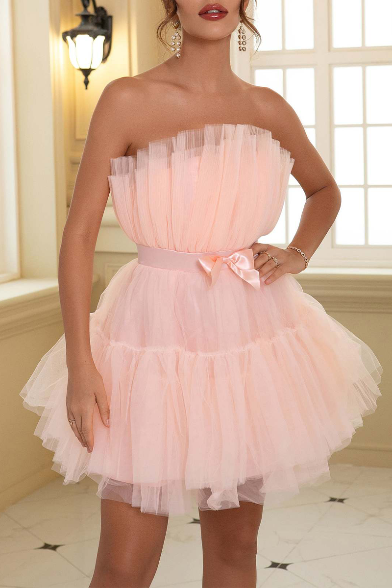 Sexy Prom Solid Color Mesh Bow Decor Strapless Evening Dresses(4 Colors) - Fashionpara