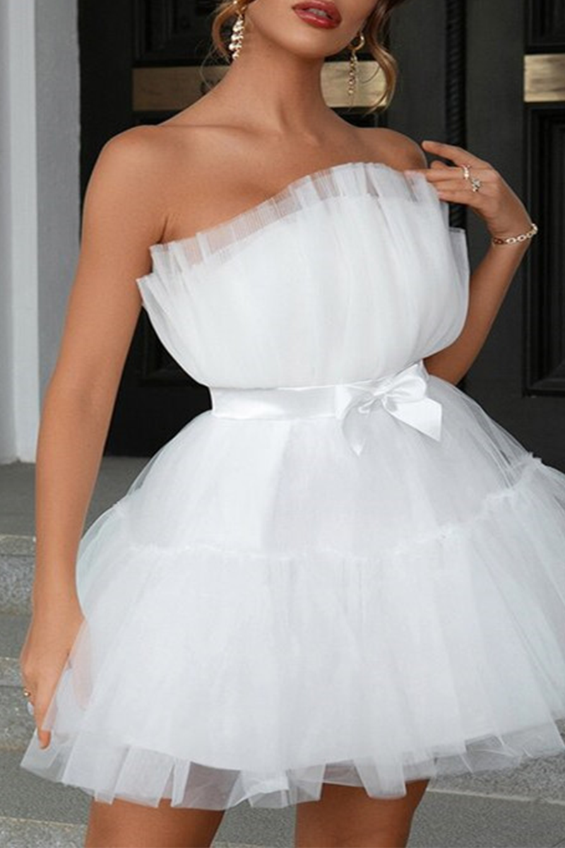 Sexy Prom Solid Color Mesh Bow Decor Strapless Evening Dresses(4 Colors) - Fashionpara