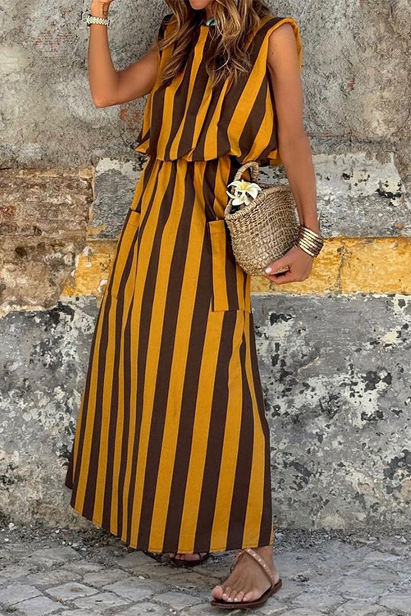 Marisol Luxe Casual Sleeveless Dresses with Striped Print and Pocket Contrast and O Neck Elevated Occasion Wear