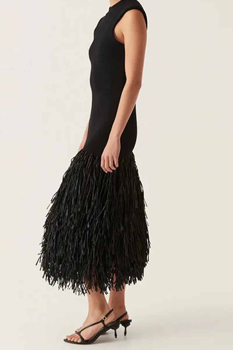 Casual Party Fringed Trim O Neck Sleeveless Dresses - Fashionpara