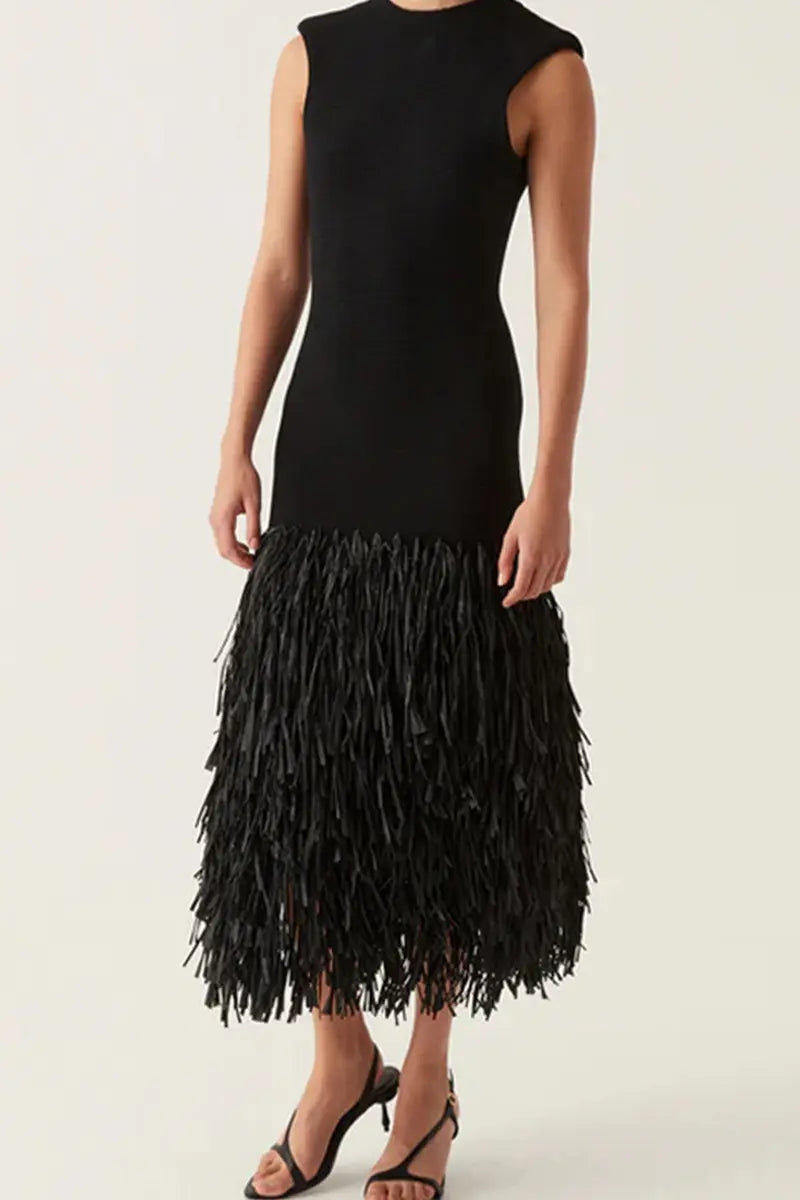Casual Party Fringed Trim O Neck Sleeveless Dresses - Fashionpara