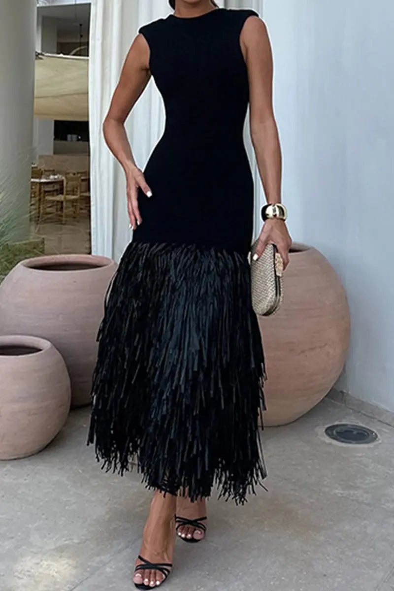 Casual Party Fringed Trim O Neck Sleeveless Dresses - Fashionpara