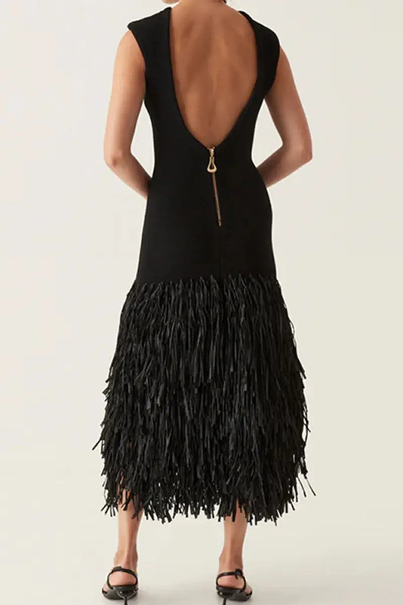 Casual Party Fringed Trim O Neck Sleeveless Dresses - Fashionpara