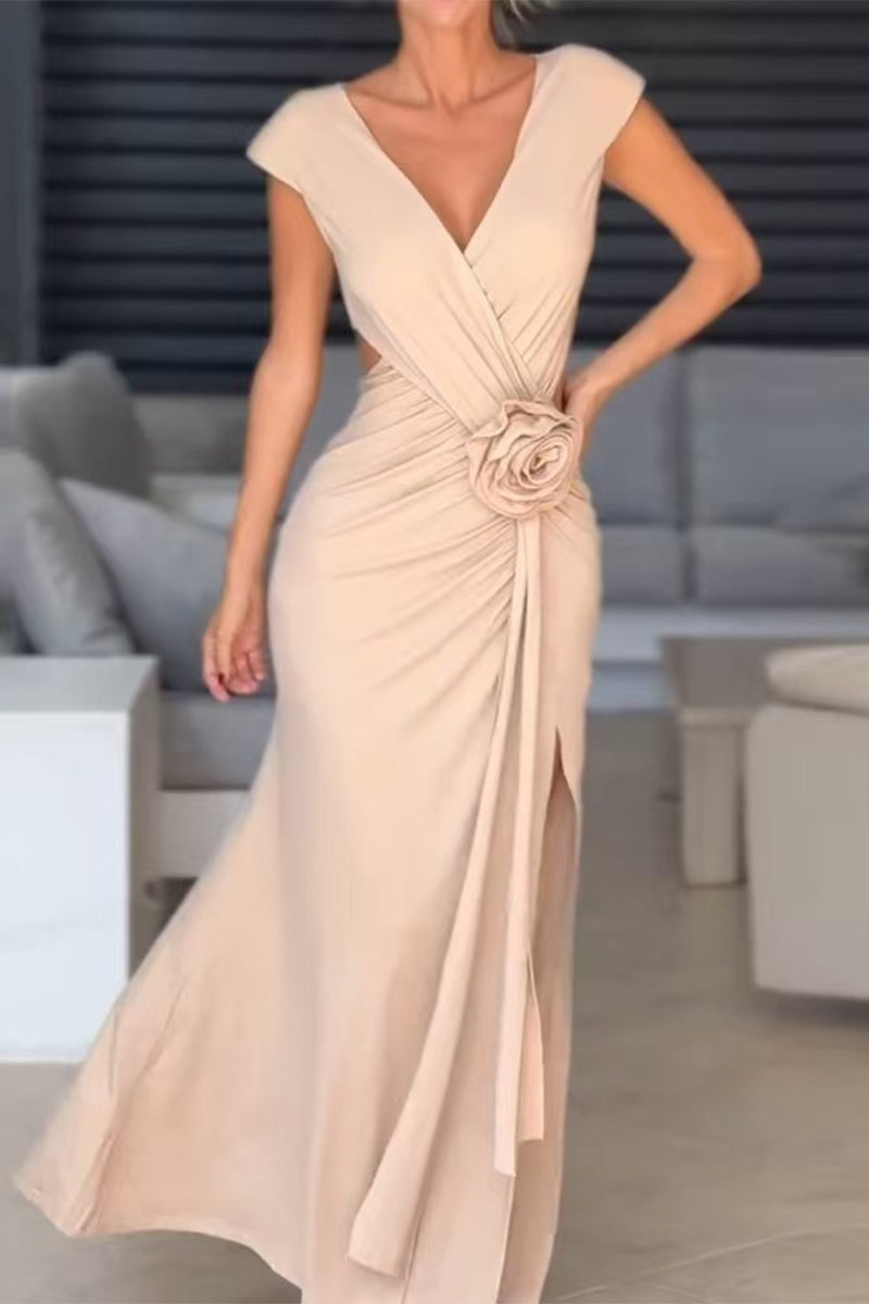 Dalia Boutique Floral Evening Dresses with Slit and Ruffles and V Neck Wear Edit