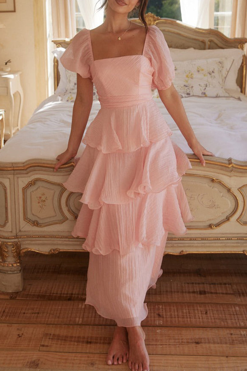 Casual Backless Flounce Square Neck Cake Skirt Dresses - Fashionpara