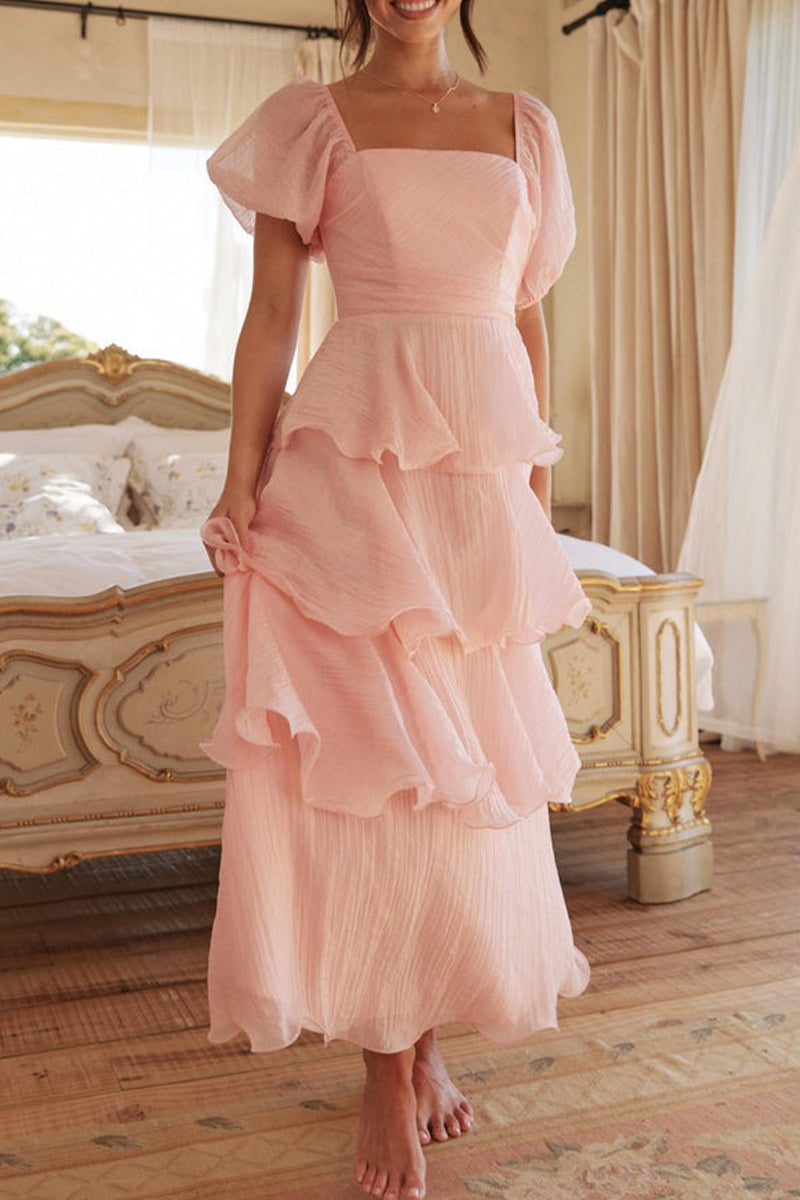 Casual Backless Flounce Square Neck Cake Skirt Dresses - Fashionpara