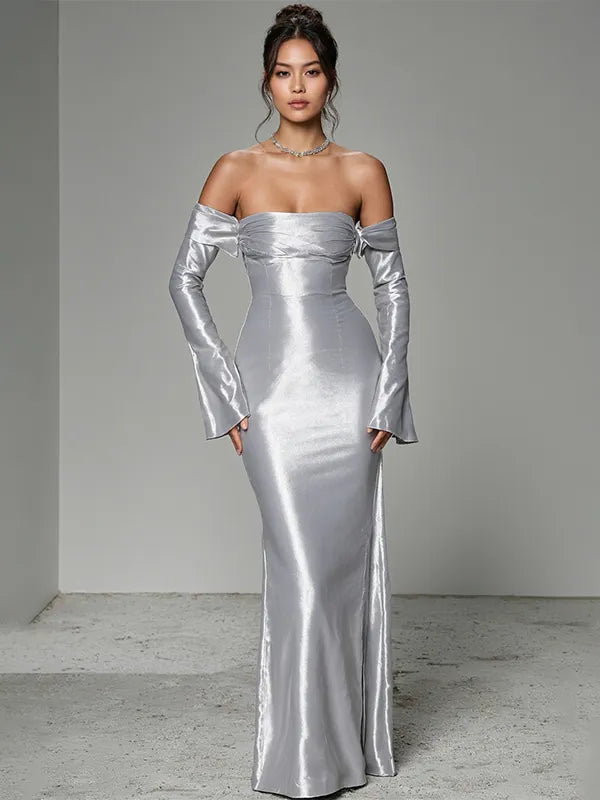Party Dress  Silver Gray Off-the-shoulder Tulle Maxi Dress