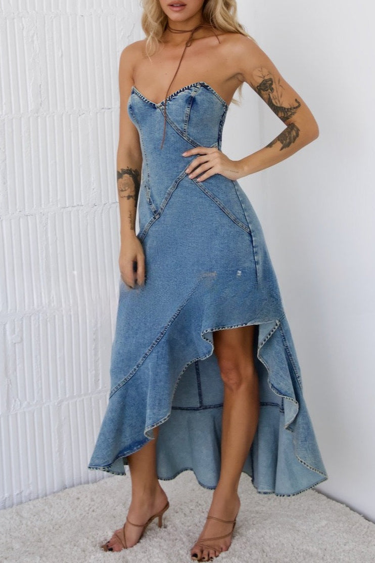 Strapless Bodycon Denim Dress - View 2 | VelvetHem