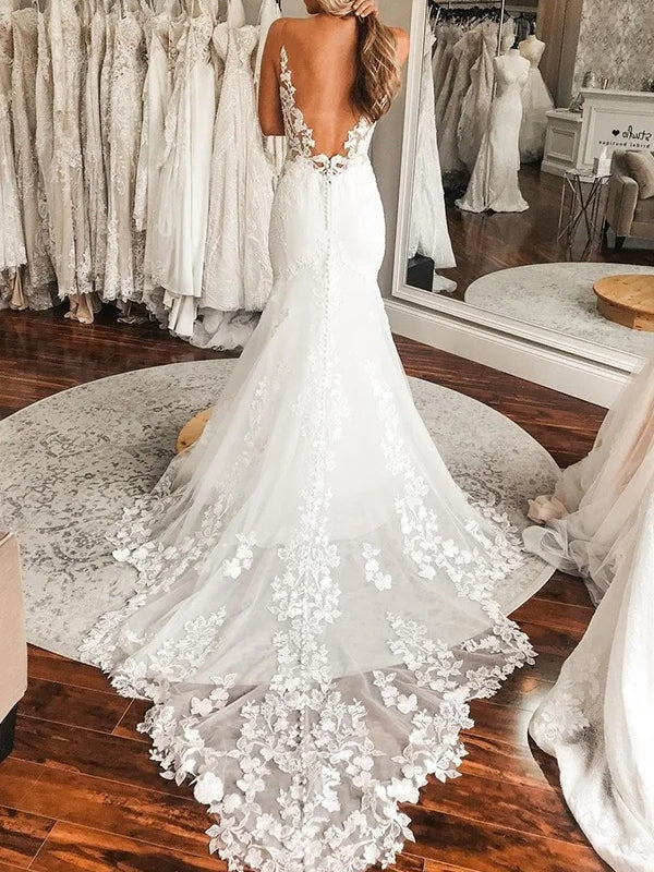 Mermaid Sleeveless Deep V Neck Lace Long Train Wedding Dress