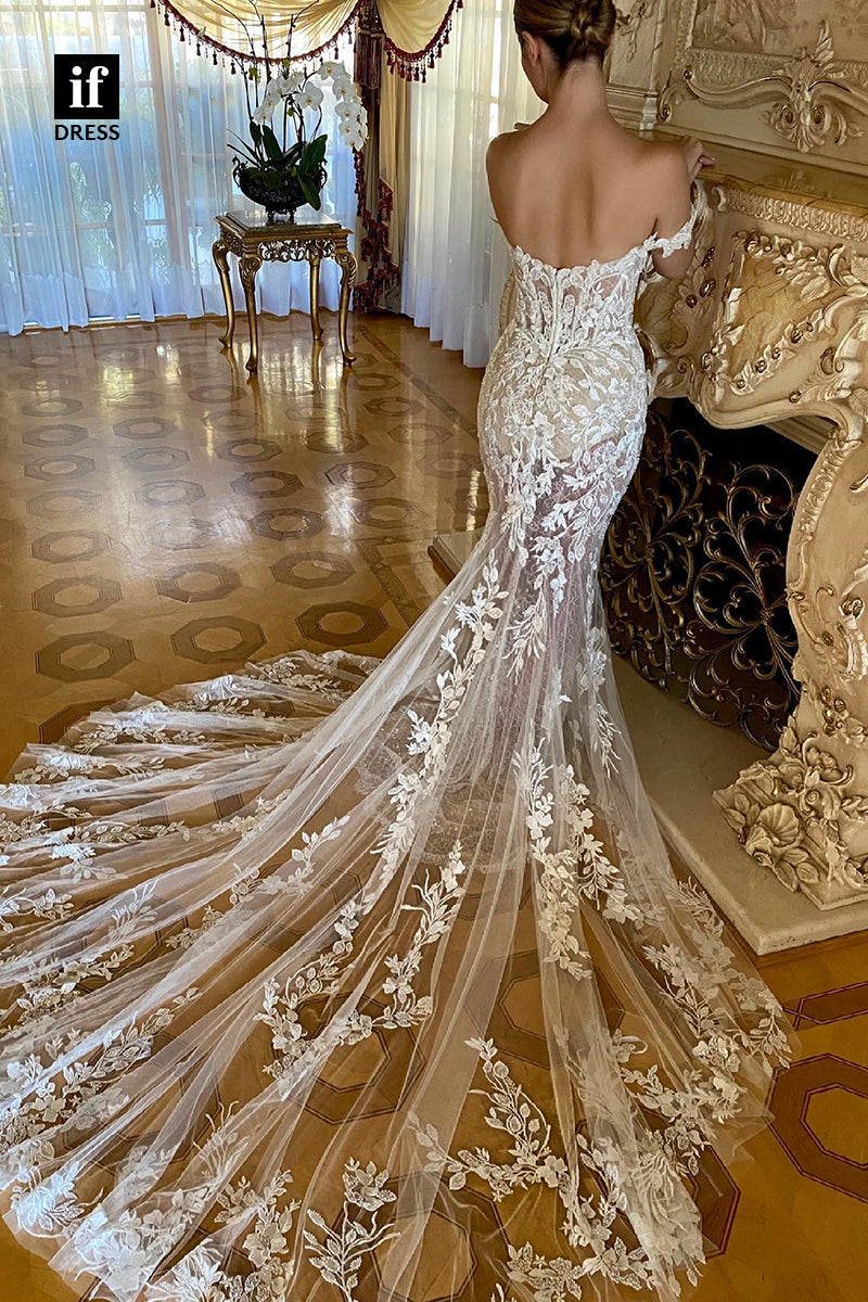 31577 - Luxurious V-Neck Off-Shoulder Lace Appliques Mermaid Wedding Dress