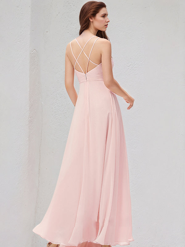 Blushing Pink A-Line Cowl Floor-Length Chiffon Bridesmaid Dress