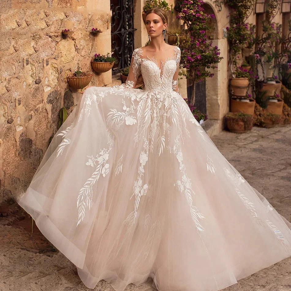 Sexy V-Neck Applique Wedding Dress Lace 2023 Illusion Long Sleeve A-Line Princess Bride Dress Bohemia Vestido De Noiva Women's by payinti