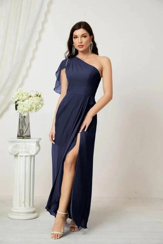 Numbersea Chiffon Ruffled One Shoulder Long Bridesmaid Dresses A-line Formal Evening Gown Side Split 2809 by numbersea