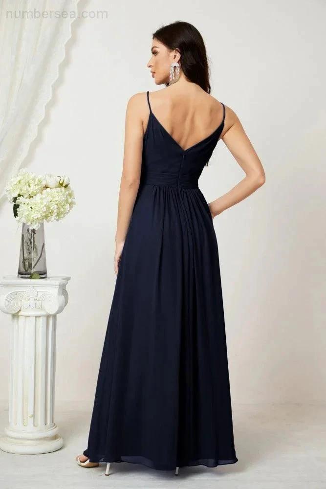 ZapDress Chiffon V-Neck Bridesmaid Dress Spaghetti Strap Long Formal Party Prom Gowns with Slit 28010 (ZD17028)