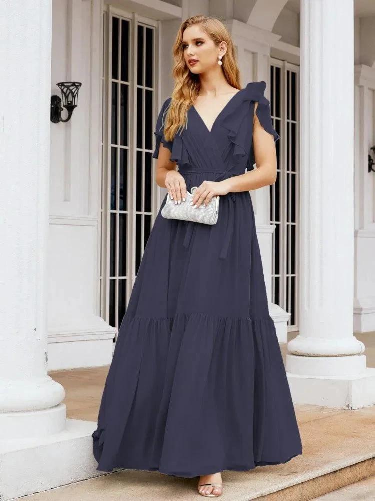 Numbersea Women's Open Back Formal Evening Party Prom Gowns V-Neck Long Chiffon Bridesmaid Dresses with Waist Belt 28038 by numbersea