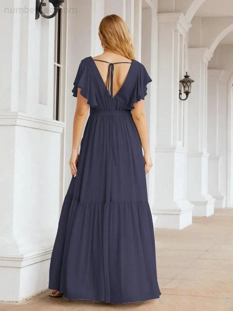ZapDress Women's Open Back Formal Evening Party Prom Gowns V-Neck Long Chiffon Bridesmaid Dresses with Waist Belt 28038 (ZD17000)
