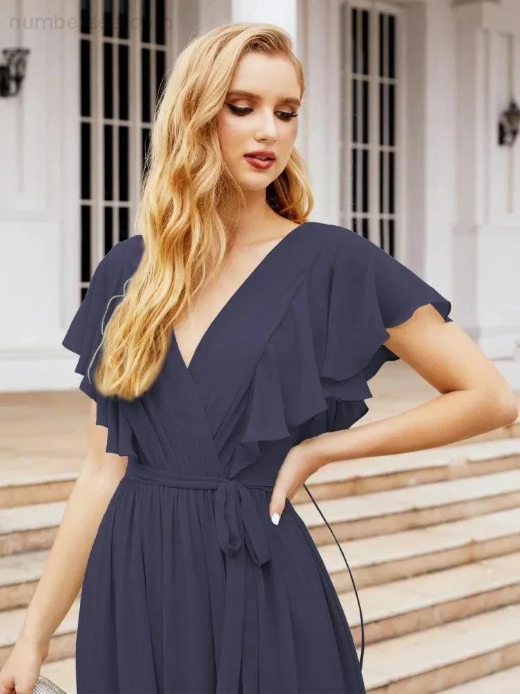 ZapDress Women's Open Back Formal Evening Party Prom Gowns V-Neck Long Chiffon Bridesmaid Dresses with Waist Belt 28038 (ZD17000)