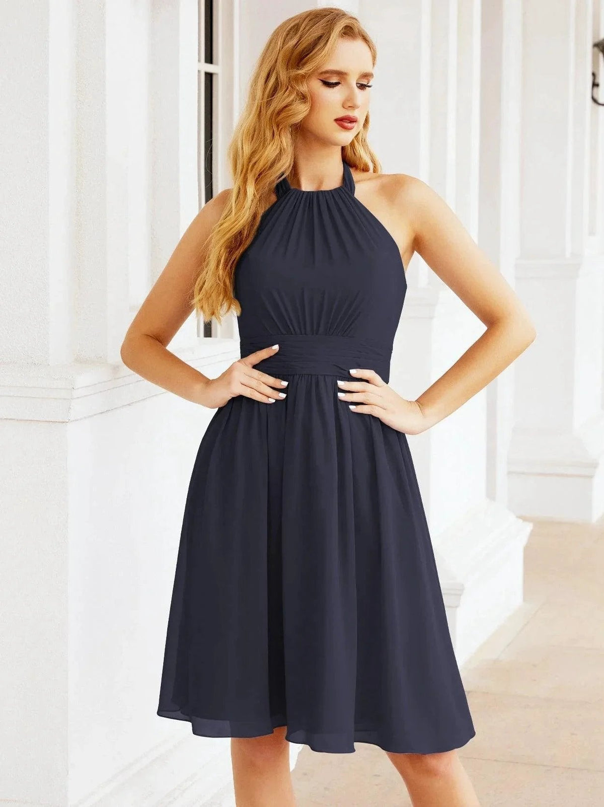 ZapDress Halter Chiffon Bridesmaid Dresses Short Sleeveless Formal Party Dress Open Back 28023 (ZD16957)