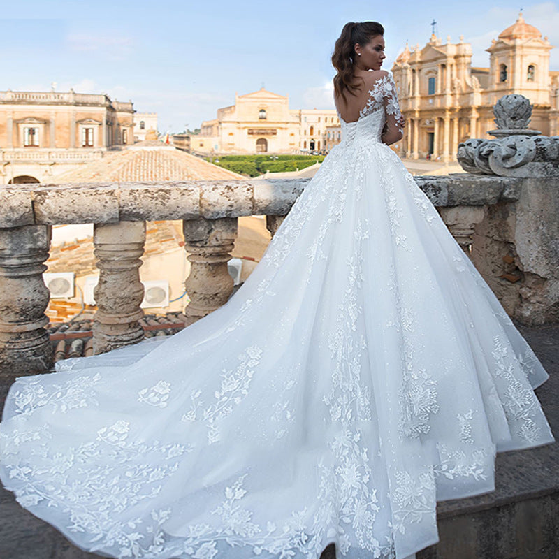 Deep V-Neck Long Tail Wedding Dress - Fashionpara