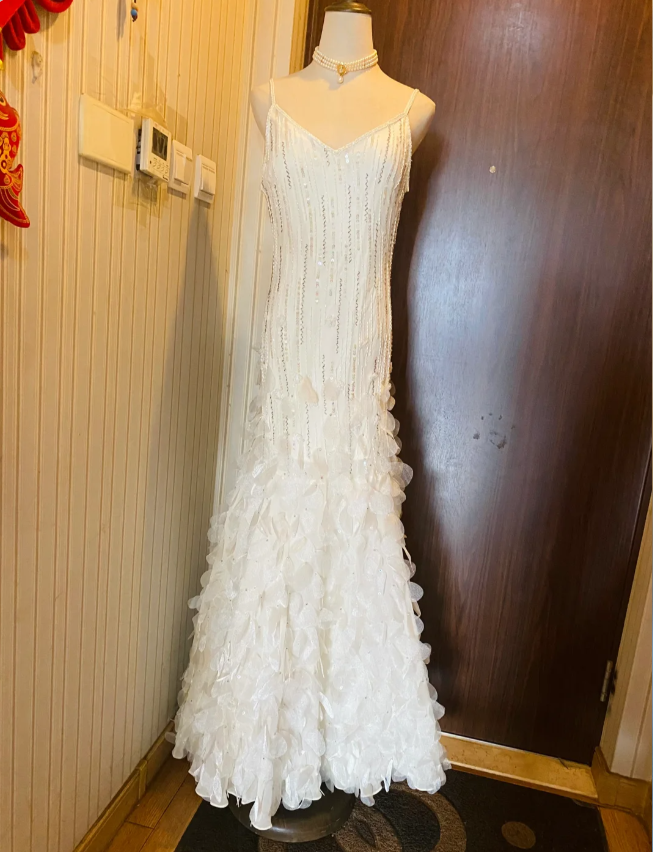 Dreamy White Mermaid Beaded 3D Petal Sequin Long Prom Dress Evening Dress