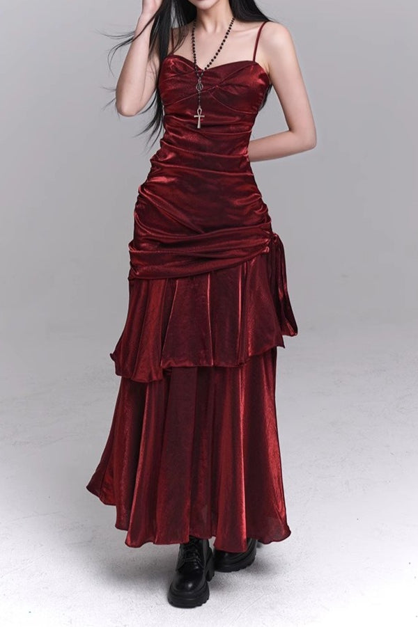 Asymmetrical Burgundy Ruffled Tailored Dress for Layered Outfit Styling