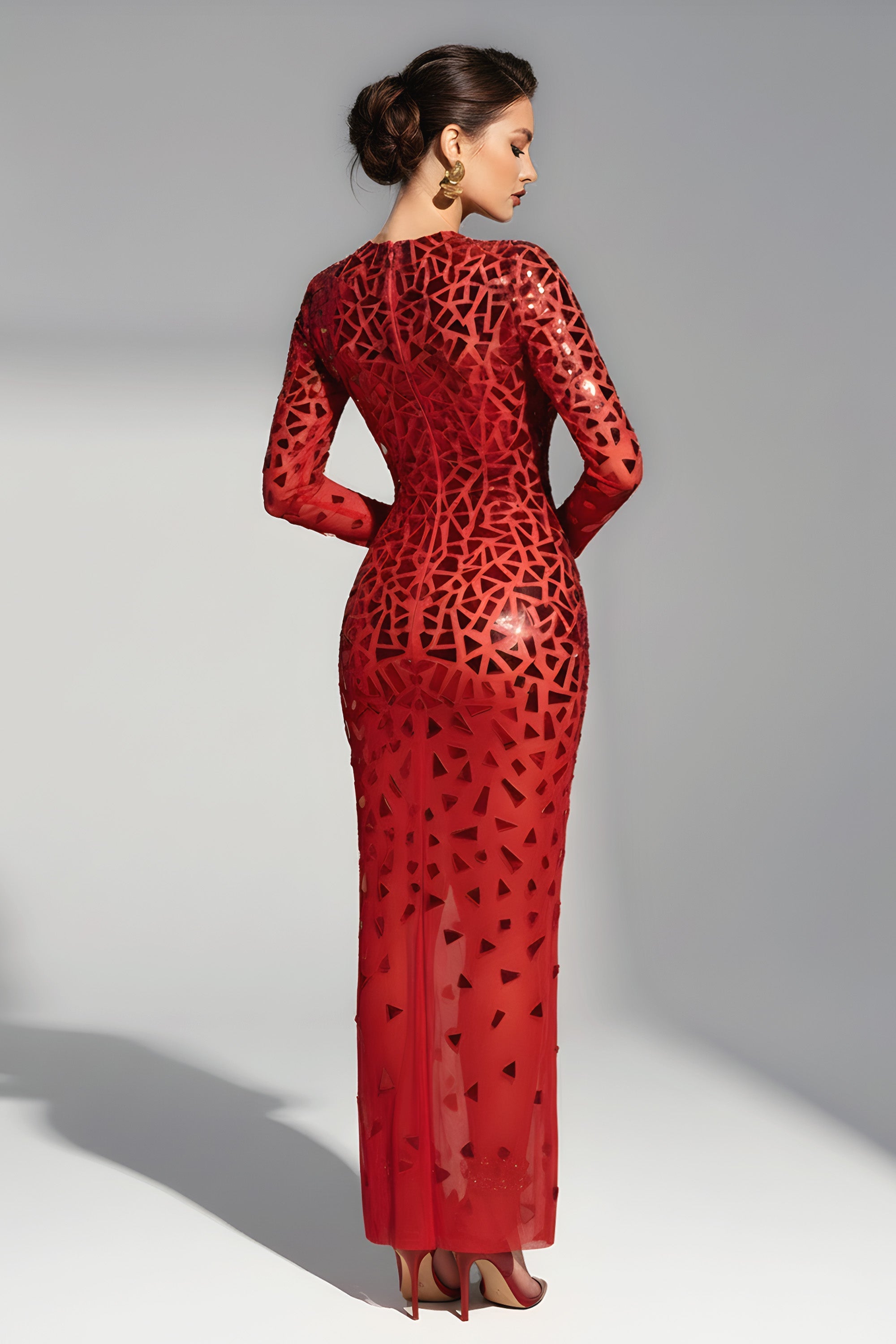 Long Sleeve Mosaic Sequin Maxi Dress With Fitted Silhouette