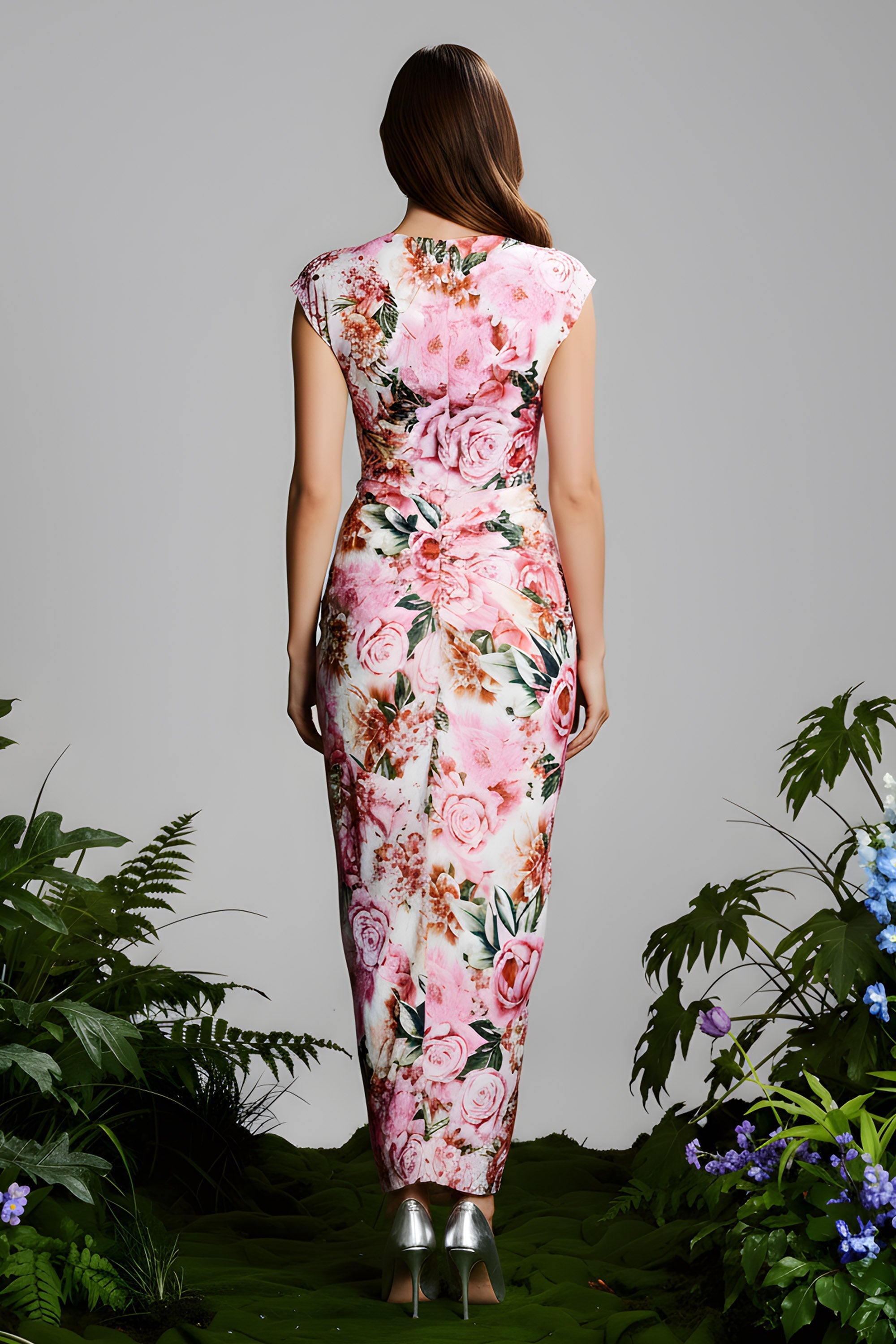 Plunging V Neck Floral Print Midi Dress With Ruched Detail