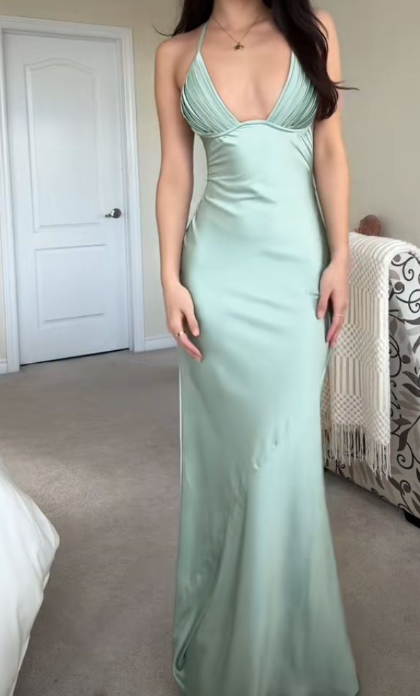 Spaghetti Straps V-Neck Satin Long Prom Dress Formal Evening Dress