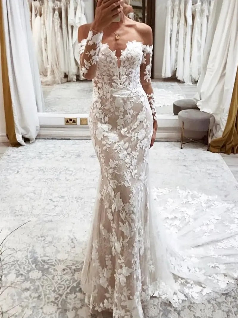 Mermaid Off-the-Shoulder Long Sleeves Cover Button Back Lace Wedding Dress