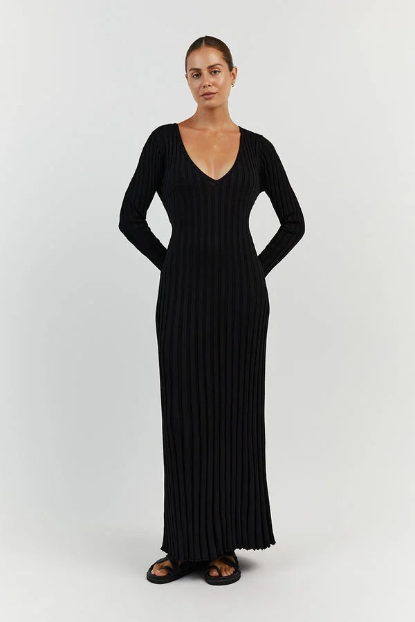 Rita Premium Midi Dress with V Neck and Knitted Sleeves Chic Silhouette Collection