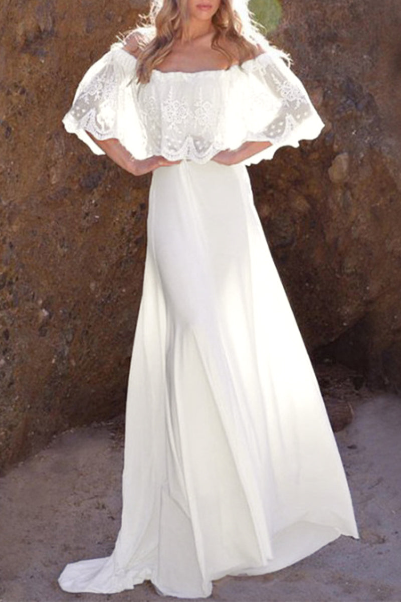 Elegant Formal Solid Lace Off the Shoulder Evening Dress Dresses - VelvetHem