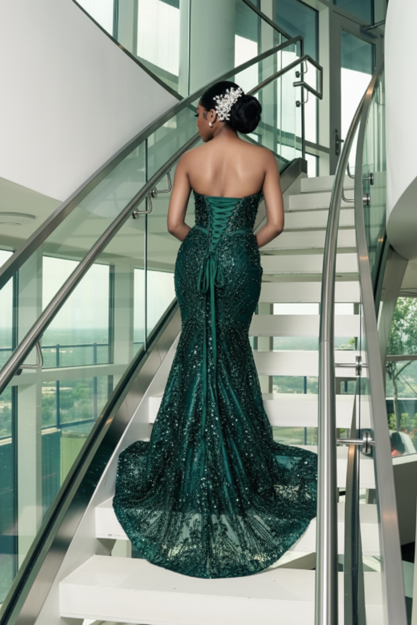 One shoulder Dark green Mermaid Sparkle Floor length Prom Dresses (ZD17396)