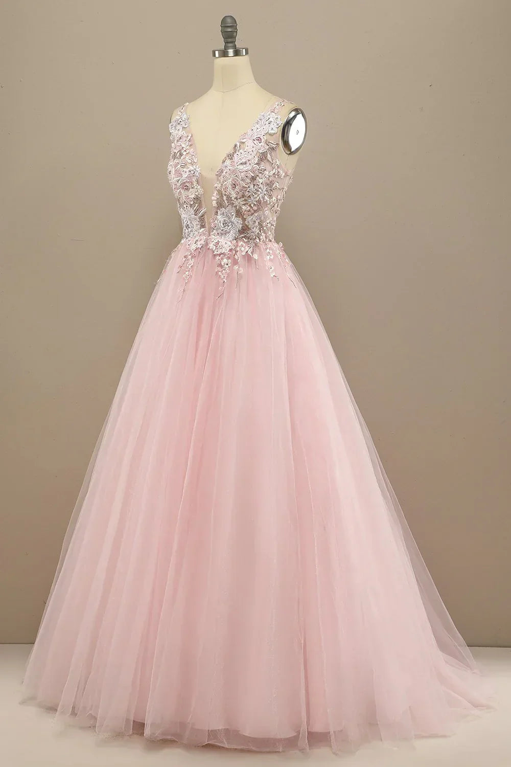 Pink Floral Embroidery V Neck Long Prom Dress