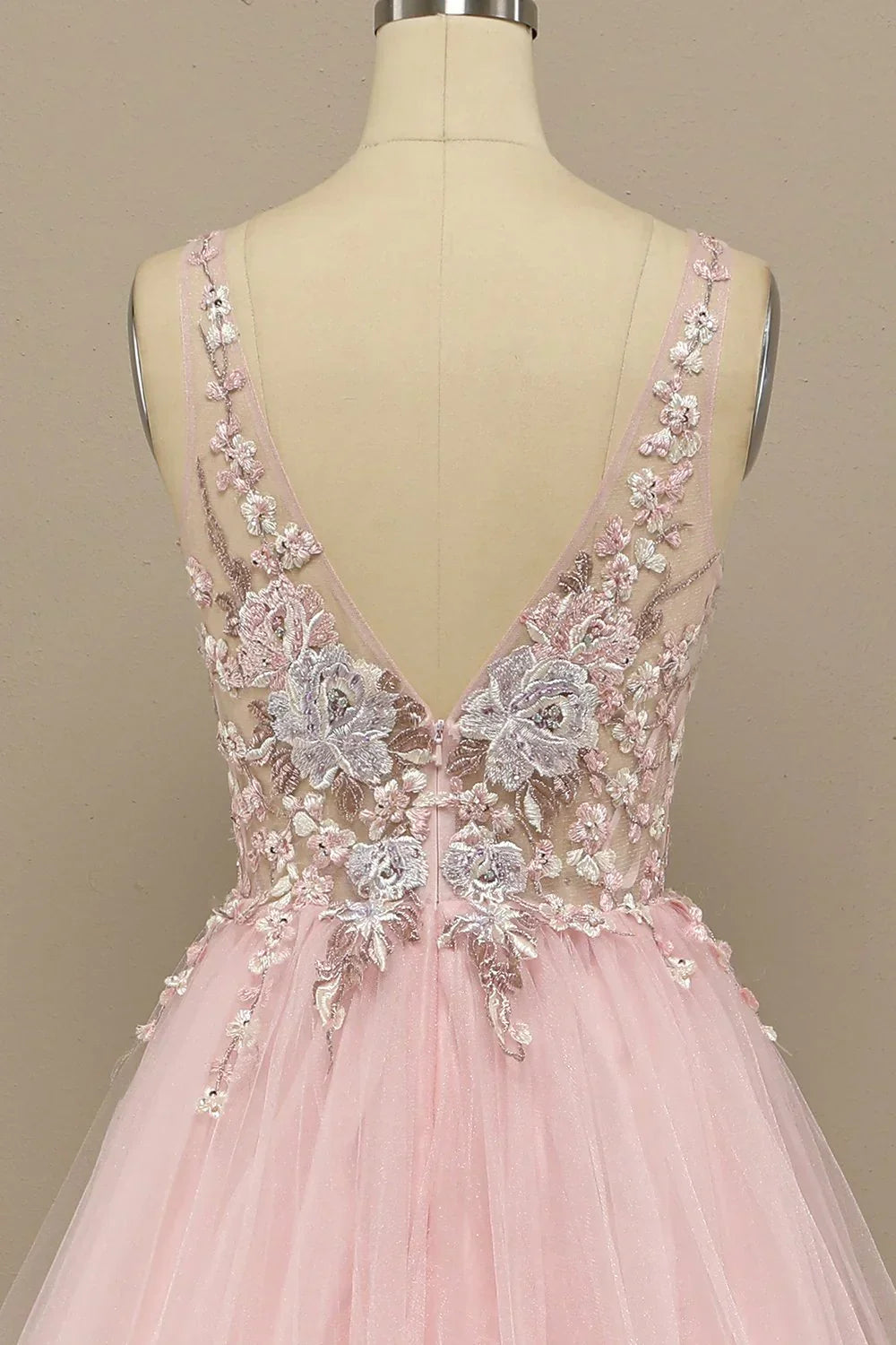 Pink Floral Embroidery V Neck Long Prom Dress