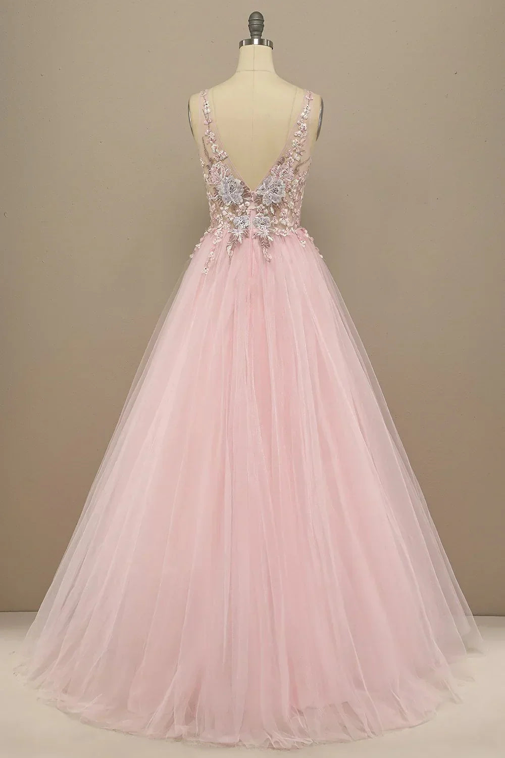 Pink Floral Embroidery V Neck Long Prom Dress