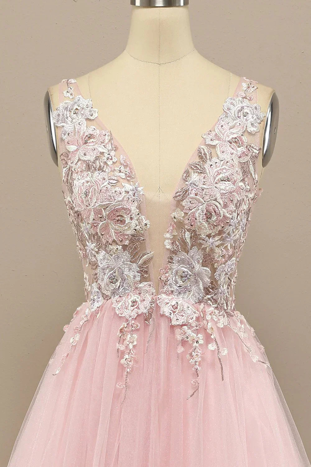Pink Floral Embroidery V Neck Long Prom Dress