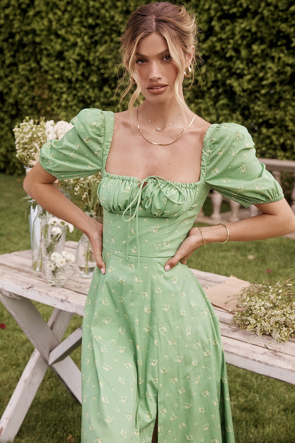 Puff Sleeve Wrap Slit Maxi Flower Dress