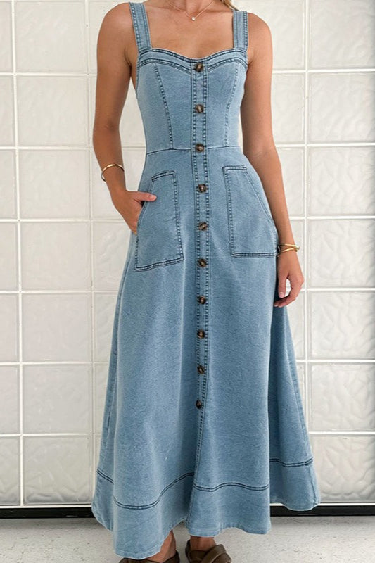 Strappy Backless Maxi Denim Dress - View 6 | VelvetHem