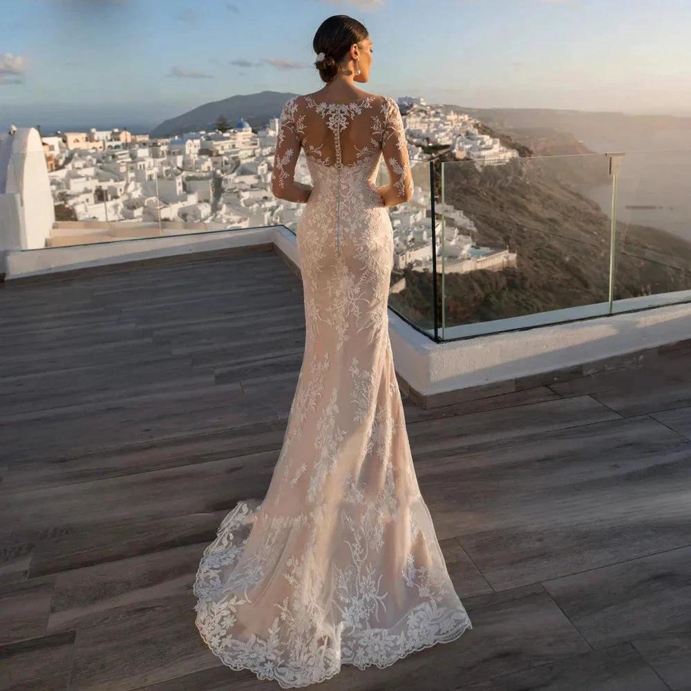 Gorgeous Long Sleeve Lace Mermaid Wedding Dresses  Luxury Appliques Button Removable Train Horn Bridal Gowns Robe De Mariée (ZD14162)